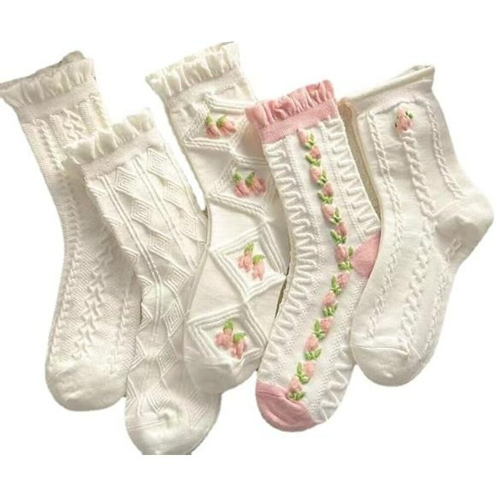 5 Pack Lace Ruffle Ankle Socks Floral Cute Crew Cottagecore White Vintage